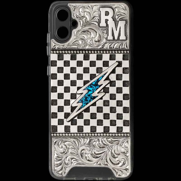 "The ideal accessory to complete your western look. Our Rebel Custom Phone Case features a hand-engraved German Silver plate securely attached to the phone case. The base showcases expert craftsmanship with a checkered board design, bead edges, lette